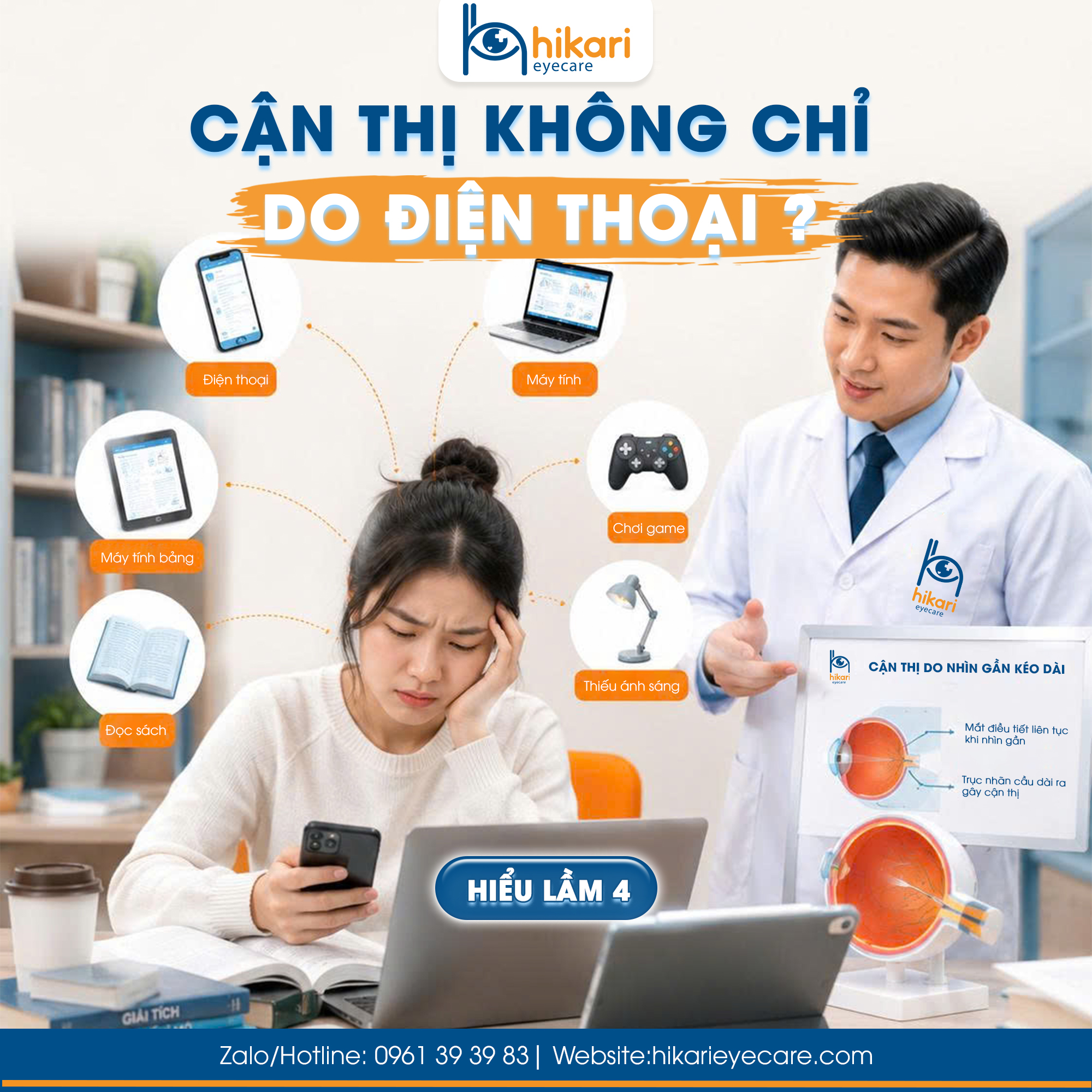 Infographic Hikari Eye Care minh họa các nguyên nhân gây cận thị gồm điện thoại, máy tính, đọc sách, chơi game và thiếu ánh sáng tại TP.HCM