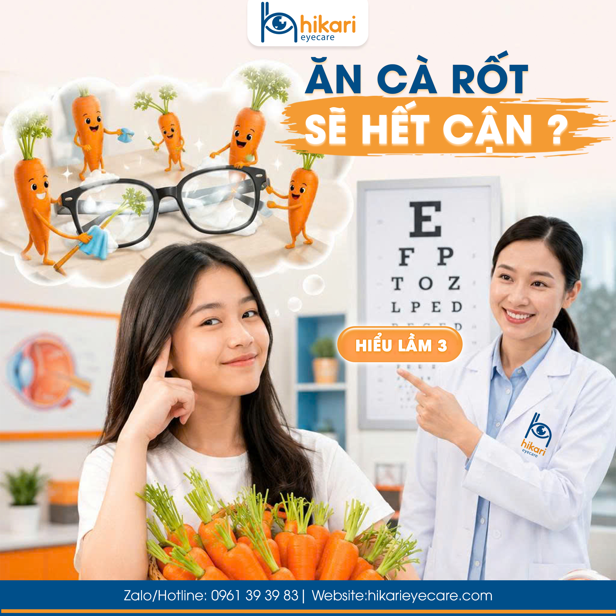 Bác sĩ nhãn khoa Hikari Eye Care giải thích cà rốt không thể chữa khỏi cận thị dù tốt cho sức khỏe mắt tại TP.HCM