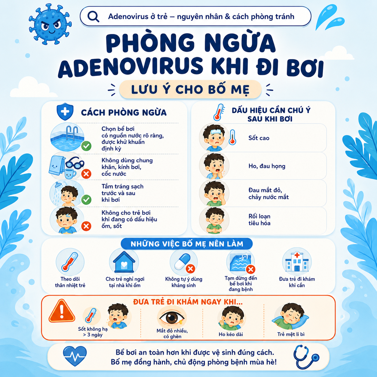 Infographic hướng dẫn phụ huynh phòng ngừa Adenovirus khi cho trẻ đi bơi, nhận biết dấu hiệu bất thường và thời điểm cần đưa trẻ đi khám mắt.